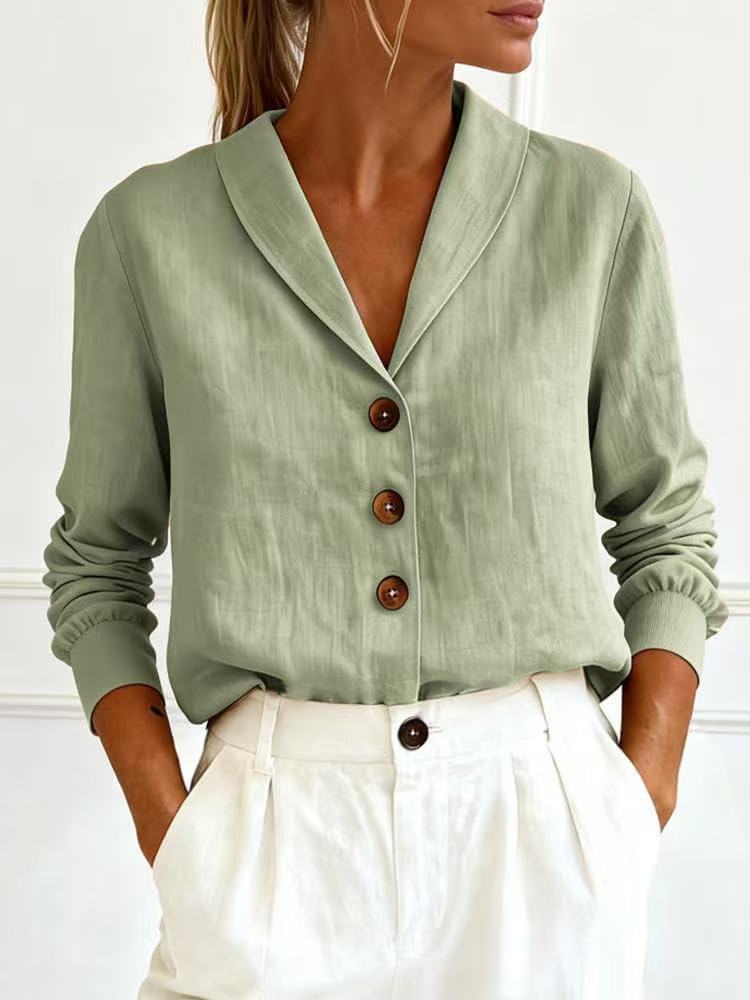Women's Casual Cotton Linen Button Up V Neck Lapel Shirt Spring Summer Long Sleeve Loose Tunic Office Work Blouse Tops - Image 2