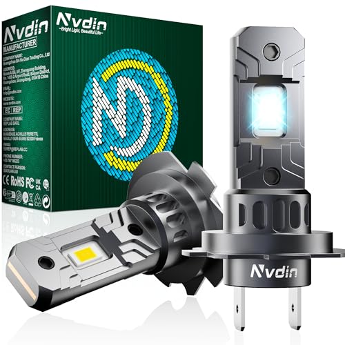 Nvdin bombillas h7 led 20000lm, lámpara faros de coche y moto, kit de luces para largas o cortas o antiniebla, 12v headlight bulbs, tamaño halógeno 1:1 sin ventilador, lâmpadas automóvil 6000k blanco