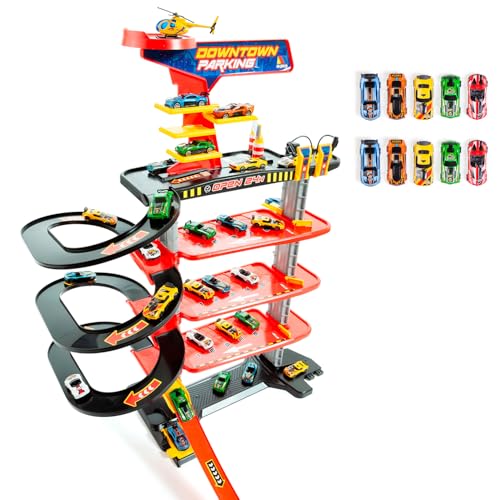 MOLTO | Spielzeugparkplatz 5 Etagen in der Innenstadt + 10 Autos – Rampen, Schleifen und Hochgeschwindigkeitsstrecke – Tankstellen und Helikopterplattform