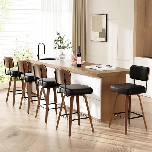Image of Swivel Bar Stools Set of 5, 26 inch Upholstered Faux Leather Counter Height Barstools with Walnut Back & Bentwood Legs, Mid Century Modern Bar Chairs Island Stools for Kitchen Counter, Black
