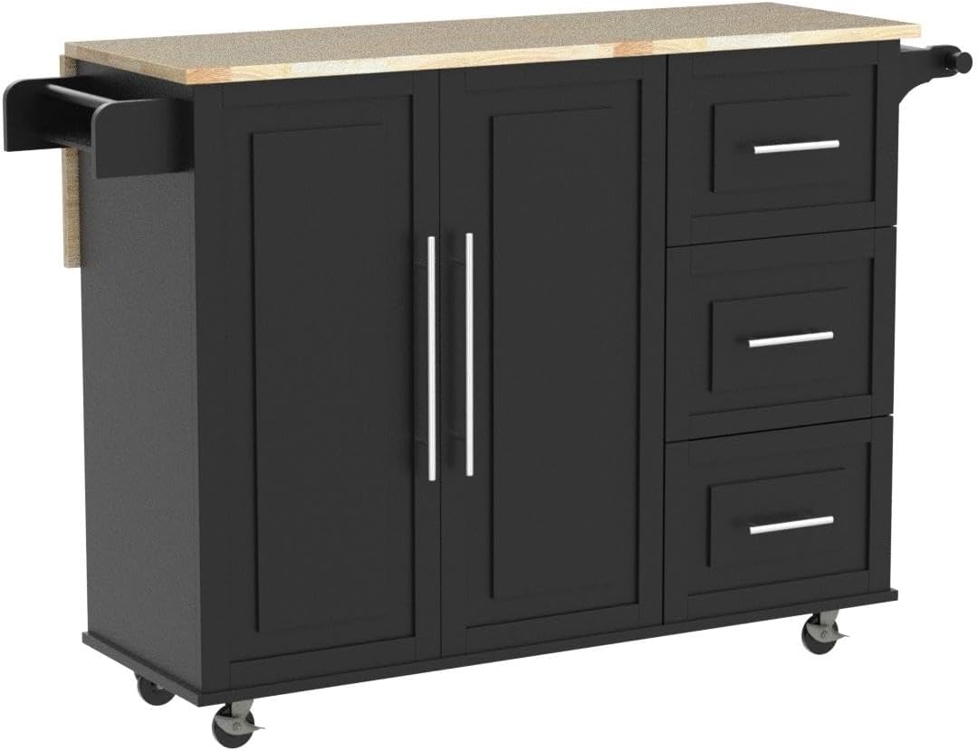 RASOO Kitchen Island Cart on Wheels Drop-Leaf Rubber Wood Top Kitchen Cart with Storage Cabinet and Drawers Kitchen Trolley with Towel Rack & Bottle Rack, Black, 43.7"x16.93"x36.02"(LxWxH)