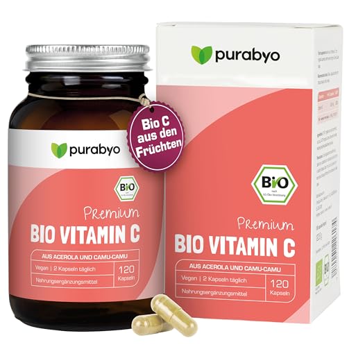 Purabyo BIO Vitamin C | im Glas | aus Bio Camu Camu & Acerola-Kirsche | hochdosiertes Vitamin C | 200 mg täglich | keine Zusatzstoffe | vegan, laborgeprüft und in Deutschland hergestellt