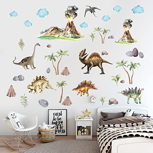 Dinosaur Wall Stickers Watercolor Dinosaur Nursery Wall Decals Removable Woodland Dinosaur Wall Stickers Tropical Plants Stickers Cartoon Volcano Wall Decals Mountain Wall Decals Sticker #TOP13