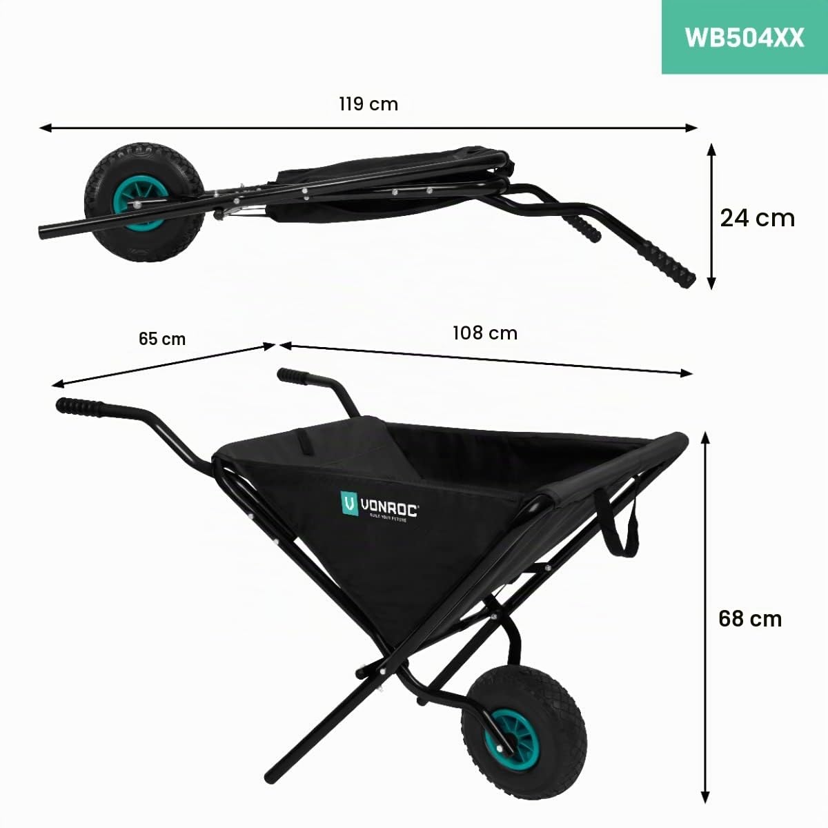 VONROC Carriola pieghevole 50 litri| Capacità di carico 30 kg.
