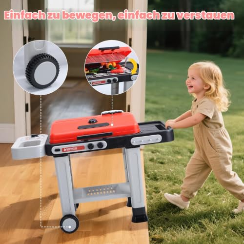 Foto von CUTE STONE BBQ Grillspielzeug für Kinder mit farbwechselndem Spielessen, brutzelnden Geräuschen & Lichteffekten, kühlem Sprühnebel Rollbarer Grill mit 2 Ebenen und Pfanne Küchenspielzeug Geschenkidee