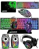 Hoopond Gaming-Tastatur Maus-Set, Maus-Pad und Gaming-Headset mit Hintergrundbeleuchtung und Camouflage-RGB-Lautsprecher,5-in-1, Regenbogen-LED-Hintergrundbeleuchtung, Gaming-Tastatur + 2400 DPI Maus
