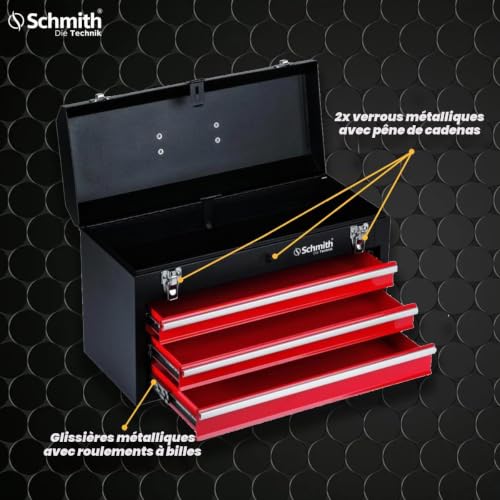 Schmith - Coffre à outils vide - Coffre à outils métallique - Armoire à outils avec tiroirs (3 pièces) - pour atelier et garage, guidages à roulements à billes, capacité de charge 50 kg, 2 serrures – vue 3