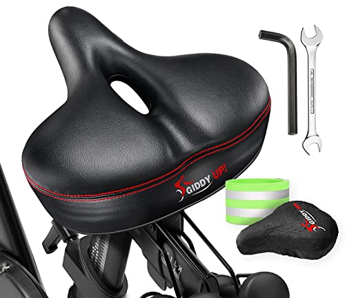 Image of Giddy Up! Bike Seat - Comfortable Bicycle Saddle for Exercise and Road Bicycle - Oversized Comfort Seat for Peloton Stationary - Extra Wide Replacement Padded Bike Saddle Cushion for Women and Men