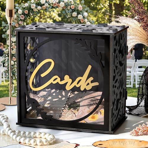 Black & Gold Wedding Card Box for Reception PVC Gift Cards Holder for Graduation Party Funeral Memorial Birthday Bridal & Baby Shower Retirement Donation Basket Money Envelope Box with Slot