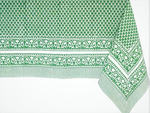 ATOSII Cotton Blockprint Rectangle Table Cloth, Queen Green, 120" X 72"