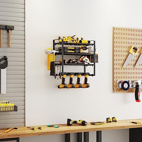 AcornFort W-1701 4 Etagen 40cm Mittlere Größe Wandregal Metall Schwere Garage Werkzeug Werkstatt Organizer 4 Steckplätze Akkuschrauber Halterung Wand Werkzeugaufbewahrung mit 4 Bohrhaltern