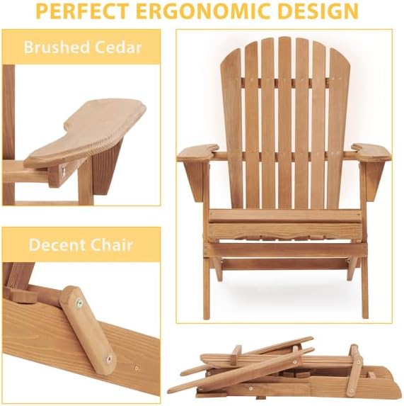 Miniatura 5 de Set of 2 Folding Wooden Adirondack Chairs  Solid Cedar Wood Outdoor Lounge Chairs with Embossed Grain, Foldable Garden Patio Seating with Wide