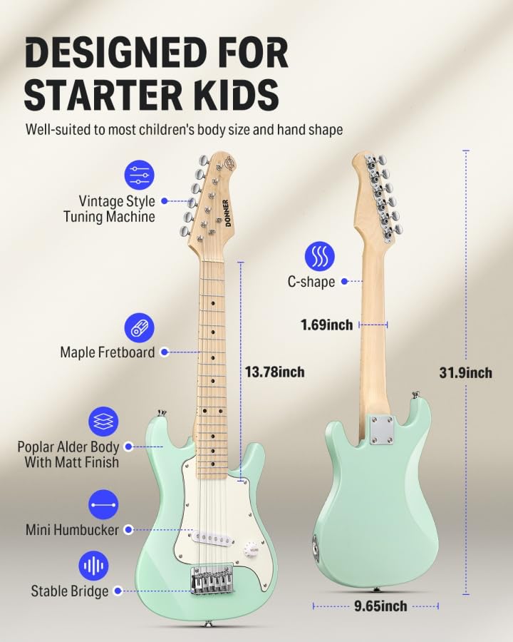 Image of Donner 30 Inch Kids Electric Guitar Beginner Kit ST-Style (Green) | Mini Electric Guitar for Boys Girls with Amp, 600D Bag, Tuner, Picks, Cable, Strap, Extra Strings, and Lessons DSJ-100