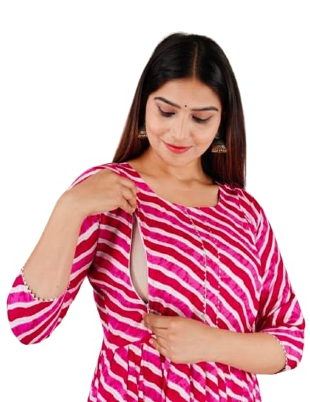GenericShree RADHEY Outlet Women's Printed Rayon Anarkali Maternity Feeding Kurti with Zipper for Pre and Post Pregnancy
