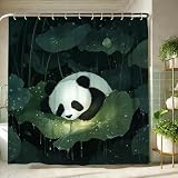 Süßer Panda-Duschvorhang, grüne Seerosenblätter, Badvorhang für Badezimmer, Frühling, Sommer, Cartoon-Stil, wasserdichter Stoff, Duschvorhang-Set mit Haken, 157 x 183 cm