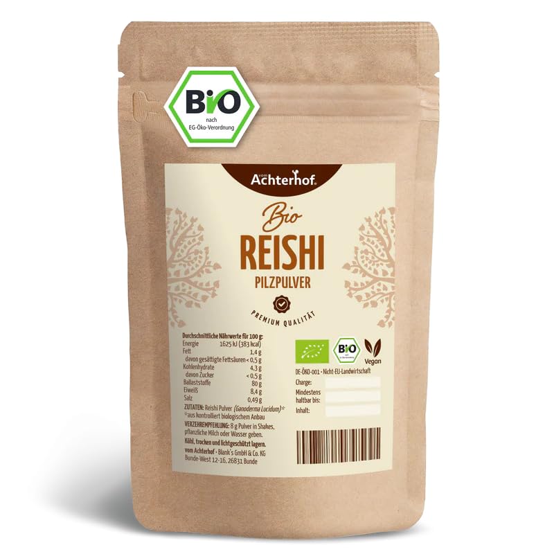 Bio Reishi Pulver 100g | naturreines Pilzpulver Bio und vegan | adaptogener Vitalpilz, aus dem ganzen Fruchtkörper | Achterhof