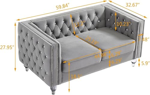 Miniatura 55 de i-POOK Sofá Chesterfield de terciopelo de 83 pulgadas de ancho con 3 asientos, 2 almohadas de felpa, patas de cristal y brazos recortados con cabeza