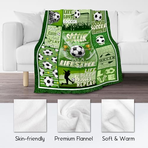 Soccer Blanket - 40x50 Inches Sports Throw Blanket for Boys Kids - Green Soft Fuzzy Blankets for Couch, Sofa & Office