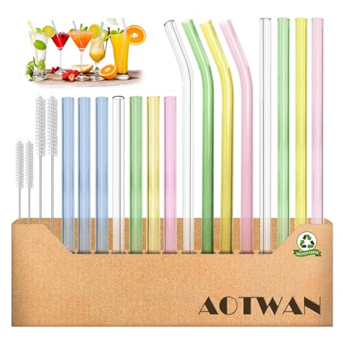 AOTWAN Glasstrohalme Bunt 19 Stück Bunte Strohhalme Glas Bunt 7 Kurz+4 Lange Geraden Glas-Strohhalme 4 Gebogenem Glas Trinkhalme mit 4 Reinigungsbürsten für Cocktails Smoothie und Säfte