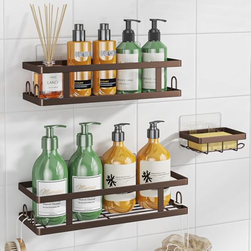 Youvip Adhesive Shower Caddy Shower Shelves with Soap Holder and 12 Hooks Rustproof No Drilling Bathroom Organizer and Storage Bronze 3 Pack
