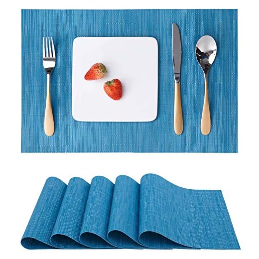 Myir Juego de 6 Manteles Individuales, Lavables Salvamanteles Individuales plásticos de Vinil de esteras, Resistentes al Calor Antideslizante Fácil de Limpiar y Impermeable 30x45cm (Azul)