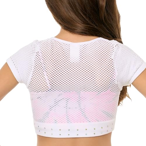 Image of Malibu Sugar Girls Mesh Crop Top Sparkling Rhinestone Dance Outfits for Girls - Short Sleeve Breathable Activewear Ages 7-14