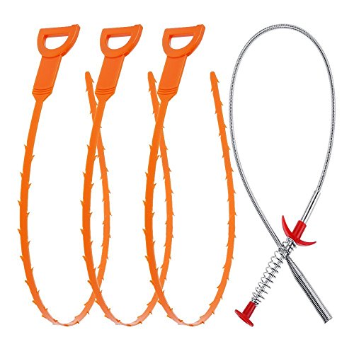Set of Drain snake for Clog Removal - 3 x Drain Auger Clog Remover Cleaning Tool and 1 x Drain Relief Tool