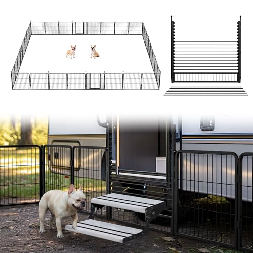 Image of FXW Instant Dog Playpen with RV Step Grid for RV Camping, 24 inch H, 32 Panels | Quick-Setup & Heavy-Duty Play Yard, Helps Close Stair Gaps, Fits 32 inch RV Step Opening, For Puppies & Small Dogs, Patented