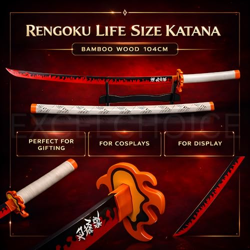Image of Demon Slayer Rengoku Katana /Sword Toy 104cm Life Size - Bamboo Wood Rengoku Anime Flame Hashira Katana 2026 (Stand Included-Single Layer) Perfect for Anime Gift