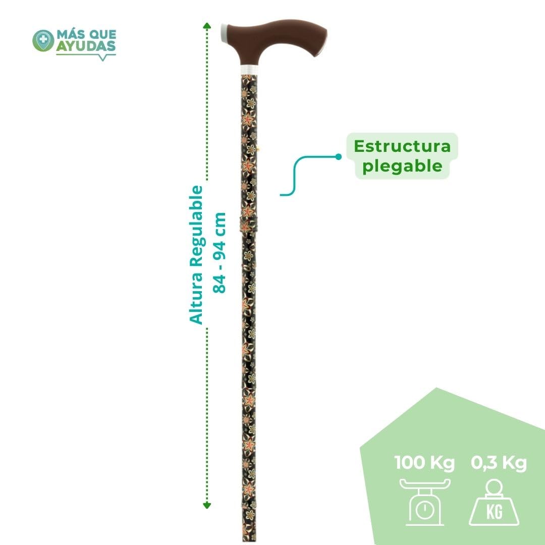 Bastón para Mayores y Adultos Soft Touch, Plegable y Portátil, Altura Ajustable 84-94 cm, Puño de Silicona, Bastón para Caminar y Pasear, 320 g