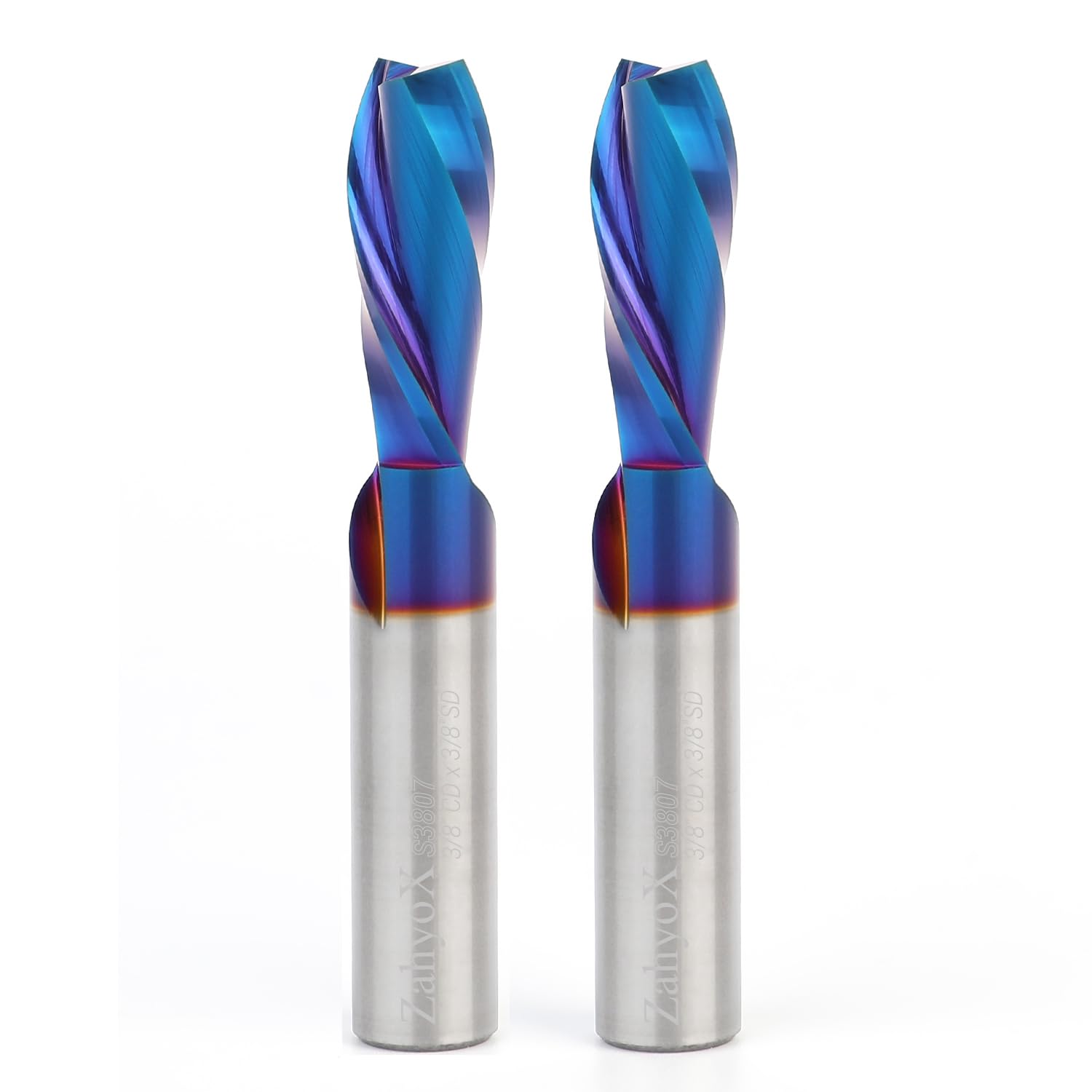 ZahyoX 3/8" Shank Downcut Spiral CNC Bit, 2 Pack Set, Nano Coated Router Bit, 3/8" Cutting Dia, 1" Cutting Length, 2-1/2" Overall Length, CNC End Mill
