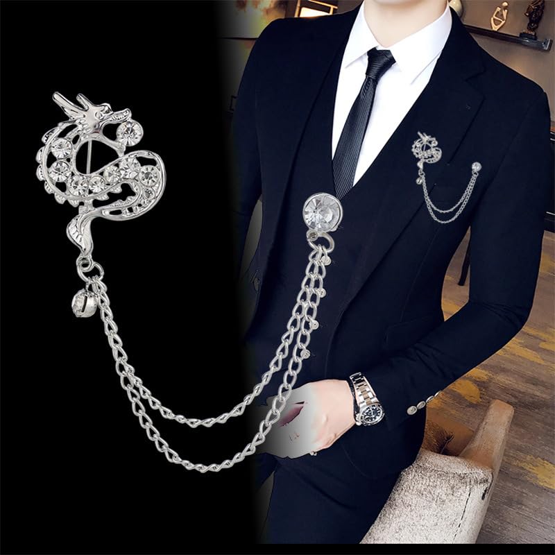 Image of coadipress Dragon With Hanging Chain Brooch Pin for Women Men Rhinestone Crystal Dragon Animal Collar Pins Suit Shirt Lapel Pin Fashion Jewelry