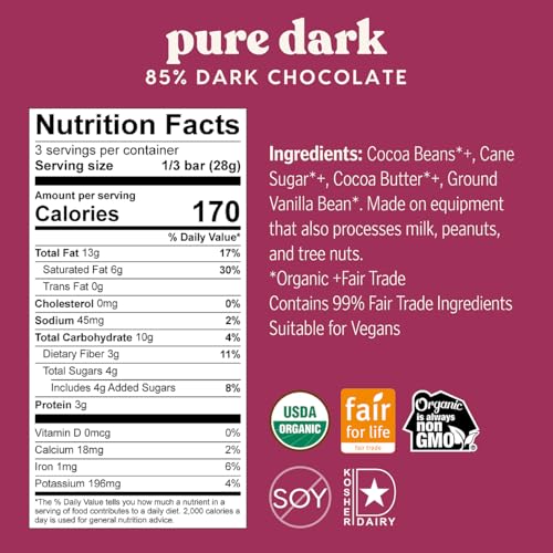 Image of Theo Chocolate Pure Organic Dark Chocolate Bar 85% Cacao, 6 Pack | Vegan, Fair Trade