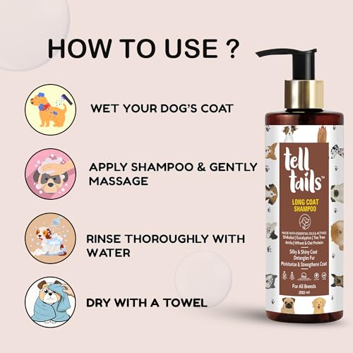 Image of Long Coat Dog Shampoo - 250ml - Moisturises, Detangles & Strengthens - Shikakai, Eucalyptus, Tea Tree, Amla, Wheat & Oat Protein - Repels Ticks & Fleas - For Shih Tzu, Retriever & All Breeds