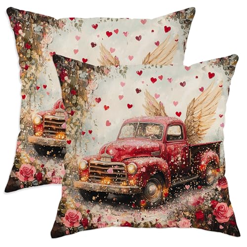 Juego de 2 fundas de cojín con diseño de camión rojo, diseño de alas románticas de corazones de San Valentín con cremallera oculta, fundas de cojín para sala de estar, apartamento, cama, sofá