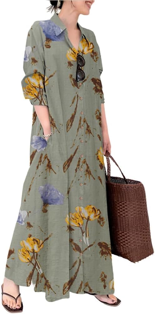 TIAFORD Women's Casual Button Down Cotton Linen Maxi Dress Long Sleeve Lapel Loose Plus Size Shirt Dresses with 2 Pockets