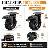5 Inch Heavy Duty Caster Wheels with Brakes, 360° Swivel Rubber Wheels, Max 2400LBS Capacity — image 3