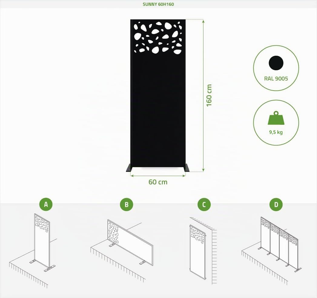 Casanoov Panneau Décoratif SUNNY 1,6x0,60m Acier Noir – Motif Galets Partie Haute Élégant et Moderne – Écran Intimité Extérieur Occultant Durable Installation Rapide Clôture Jardin Terrasse 160x60cm