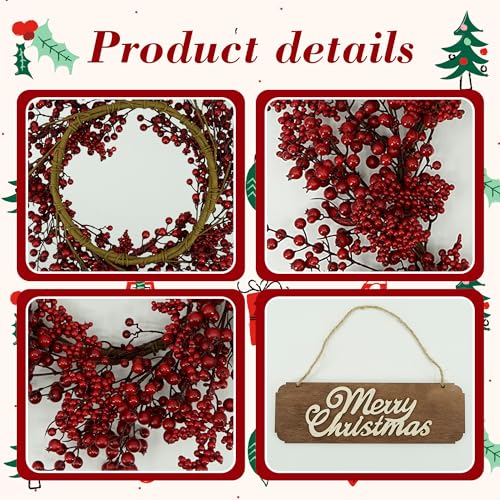 Image of YNYLCHMX 20 Inch Christmas Wreath for Front Door, Winter Wreath with Welcome Sign Red Berries, Artificial Door Xmas Wreaths for Window Wall Fireplace Farmhouse Holiday Party Decoration