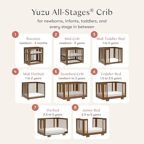 Image of Babyletto Yuzu Convertible All-Stages Bassinet, Midi, Full-Size Crib in Natural Walnut, Greenguard Gold Certified, Portable & Adjustable with Conversion Kits and Pads Included