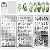 PH PandaHall 3pcs Flower Leaf Nail Stamping Plates Plants Nail Art Stencils Rose Daisy Manicure Art Templates Flower Bushes Nails Stamper Plate Butterfly Image Design Plate for Women Manicures Salon