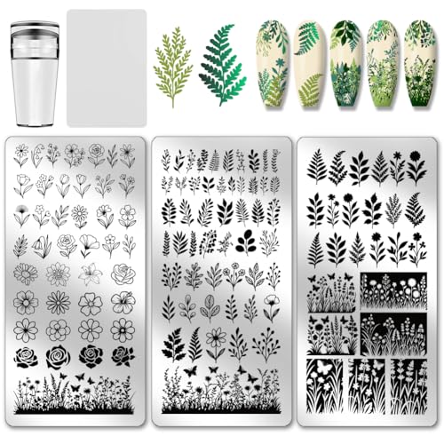PH PandaHall 3pcs Flower Leaf Nail Stamping Plates Plants Nail Art Stencils Rose Daisy Manicure Art Templates Flower Bushes Nails Stamper Plate Butterfly Image Design Plate for Women Manicures Salon