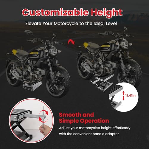 Image of 1300 LBS Motorcycle Jack, Thickened 0.48 inch Rubber Pad Motorcycle Lift, Upgraded Anti-Slip Bottom Dirtbike Stand, Carbon Steel Motorcycle Center Stand with Wide Deck, Chain Brush, T-Handle for ATV Gray