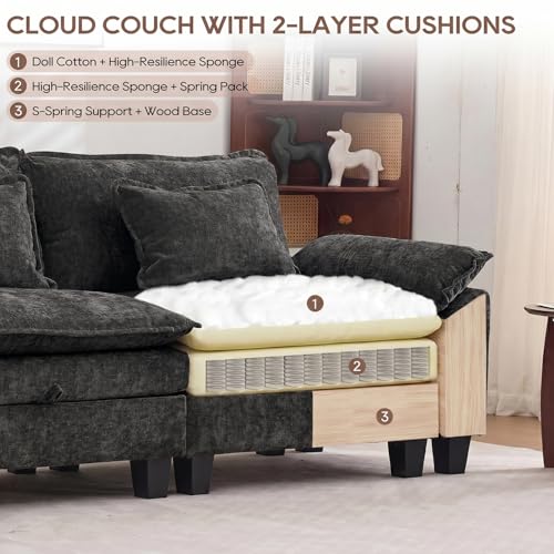 Image of IPKIG 82.3 inch Modular Cloud Couch with Storage, U Shaped Sectional Sofa with Ottoman & Pillow, Chenille Deep Seat Sectional Couches for Living Room, Apartment, Black