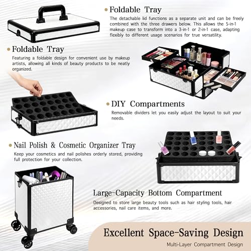 Image of 5 in 1 Rolling Makeup Train Case on Wheels Large Cosmetic Organizer Travel Cart for Women Beauty Salon Barber Hairstylist White