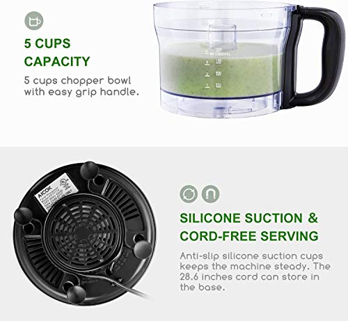 Aicok 5-Cup Food Processor, 3 Speeds 500W, Electric Food Chopper with Stainless Steel reversible slicing/shredding disc & mixing/chopping blade