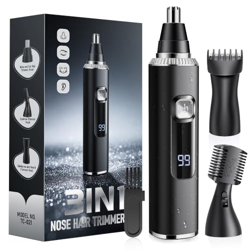 Nose Hair Trimmer for Men 3 in 1 USB Nose Trimmer with LED Display Painless Dual Edge Blades Nasal Hair Trimmers for Men Eyebrow Razor Scissors Ear Facial Hair Remover IPX7 Waterproof Easy Cleansing