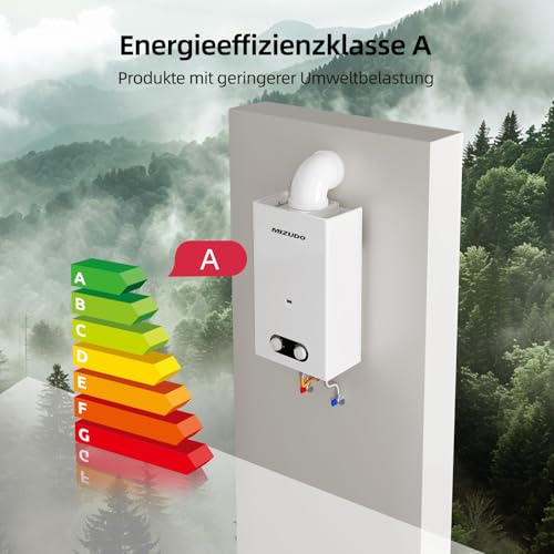 MIZUDO Warmwasserbereiter Butangas LPG, Energieeffizienzklasse A, Low NOx, Propan Heizungen 10L Atmosphärisch, Niedriger Emissionsbrenner, 32,8 x 21,35 x 55 cm