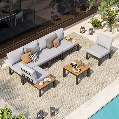 Oasbira Aluminum Modular Outdoor Patio Furniture Set, 6 Seats Patio Sectional Sofa Set with Adjustable Backrest & Thick Cushions, All-Weather Conversation Sets with Table for Garden & Yard, Gray