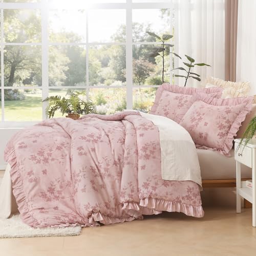 Image of Litanika Grey Pink Queen Comforter Set, 3 Pieces Ruffle Floral Farmhouse Bedding Comforter Set, All Season Soft Lightweight Fluffy Microfiber Bed Set(90x90In Comforter, 2 Pillowcases)